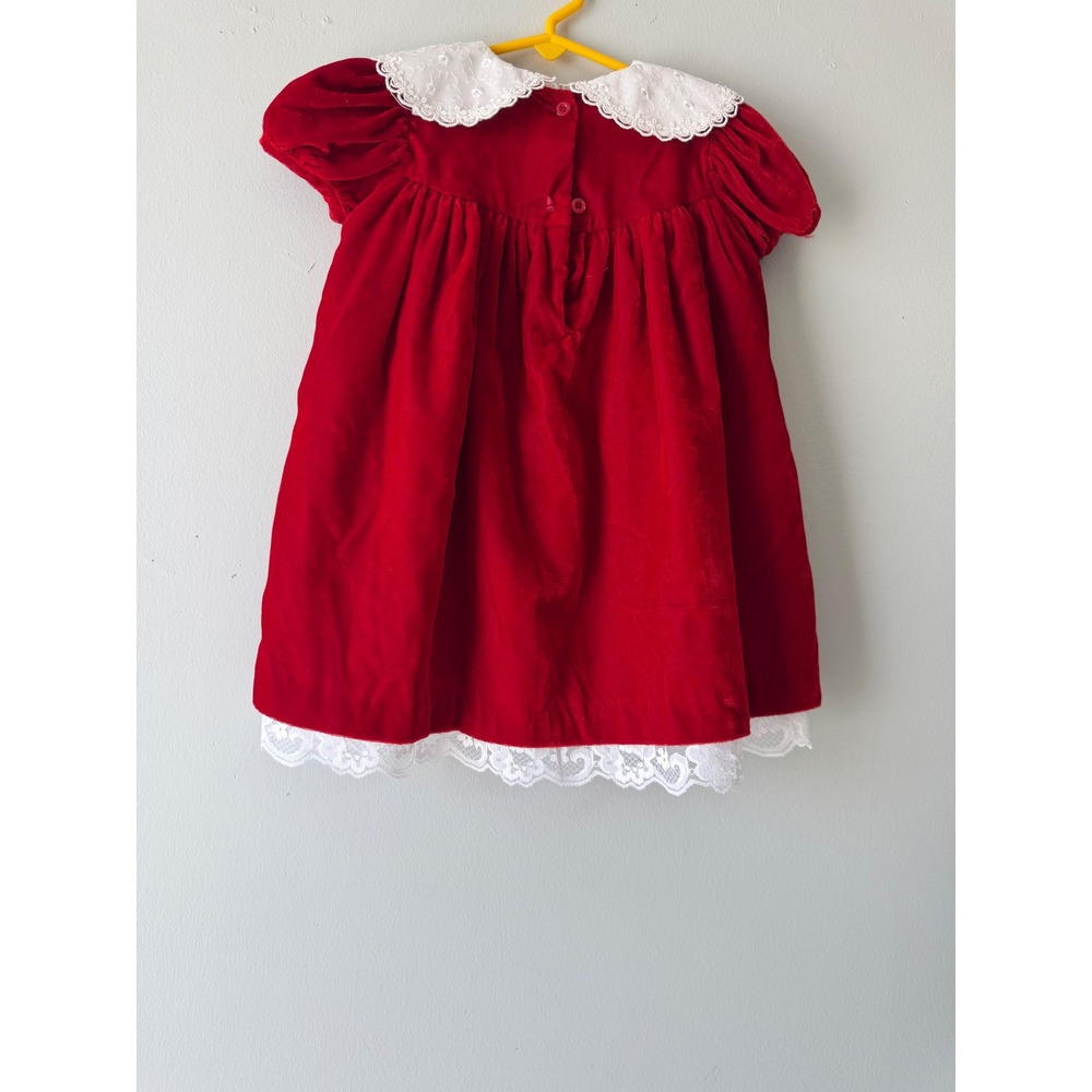La Princess Red Velvet Holiday Dress White Lace Collar Rosebuds 24M - Picture 5 of 8